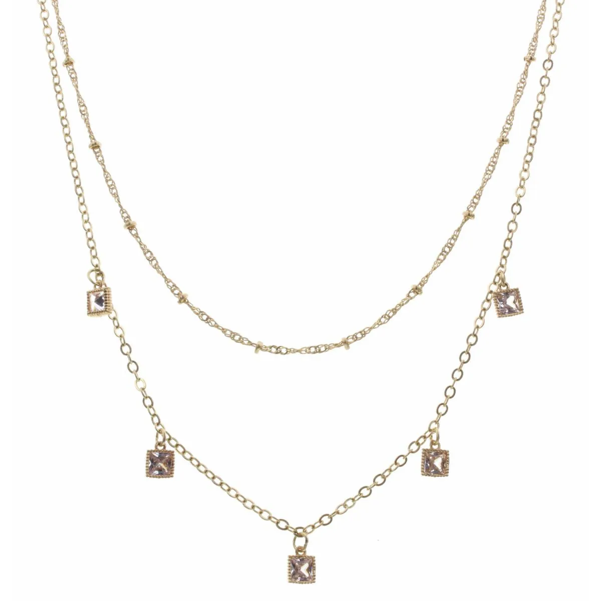 16" Double Layer Square Rhinestone Necklace, 3" Ext.