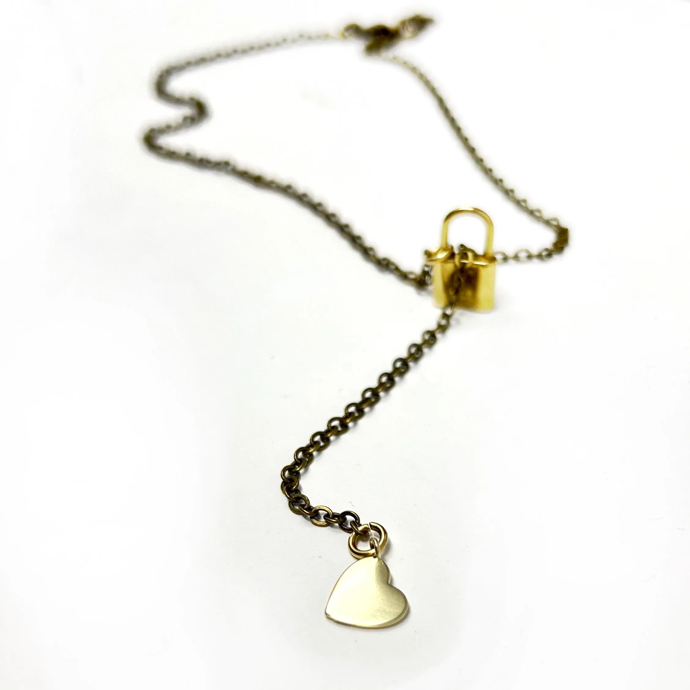 18" Brass Heart And Lock Charm Necklace