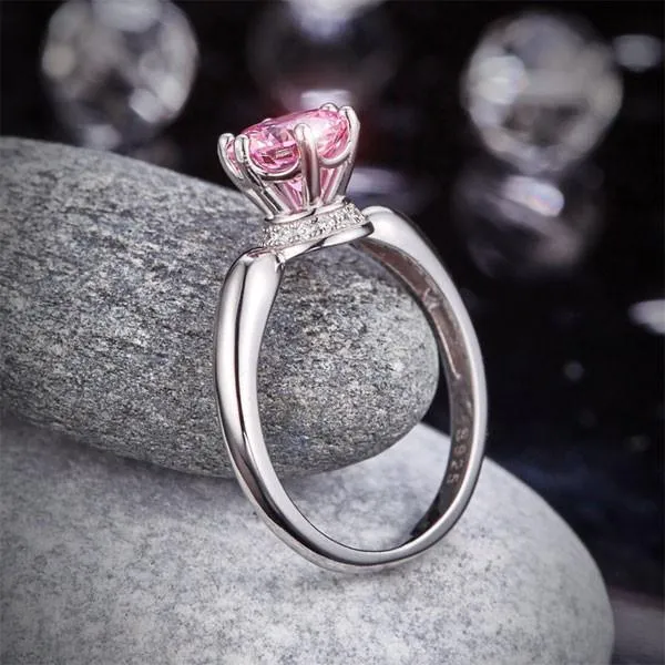 6 Claws Crown 925 Sterling Silver Wedding Promise Anniversary Ring 1.25 Ct Fancy Pink Simulated Diamond Jewelry