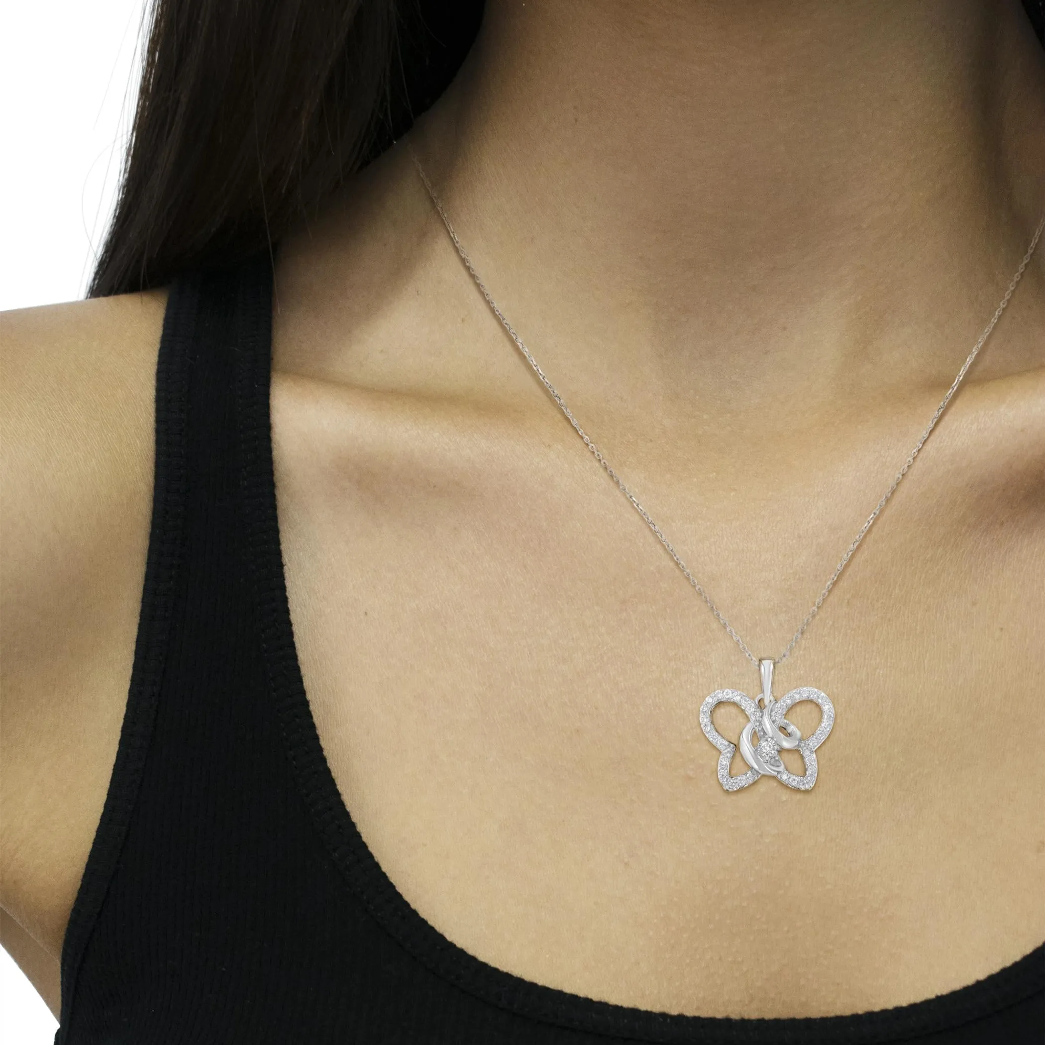 .925 Sterling Silver 1/4 cttw Prong-Set Diamond Butterfly 18" Pendant Necklace (H-I Color, I1-I2 Clarity)