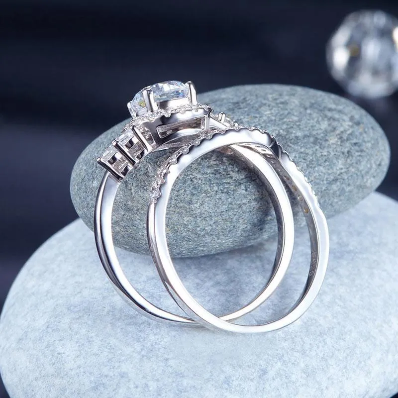 925 Sterling Silver Wedding Engagement Ring Set Anniversary Art Deco 1 Ct Simulated Diamond