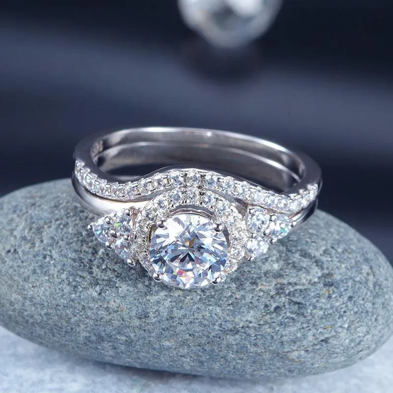 925 Sterling Silver Wedding Engagement Ring Set Anniversary Art Deco 1 Ct Simulated Diamond