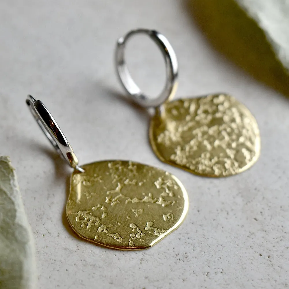 'Ashes' Silver Huggie Hoop with Patterned Brass Drop