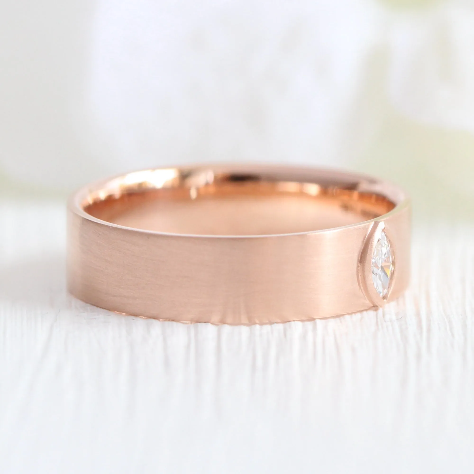 Bezel Set Marquise Diamond Ring in Solid Gold Wide Wedding Band