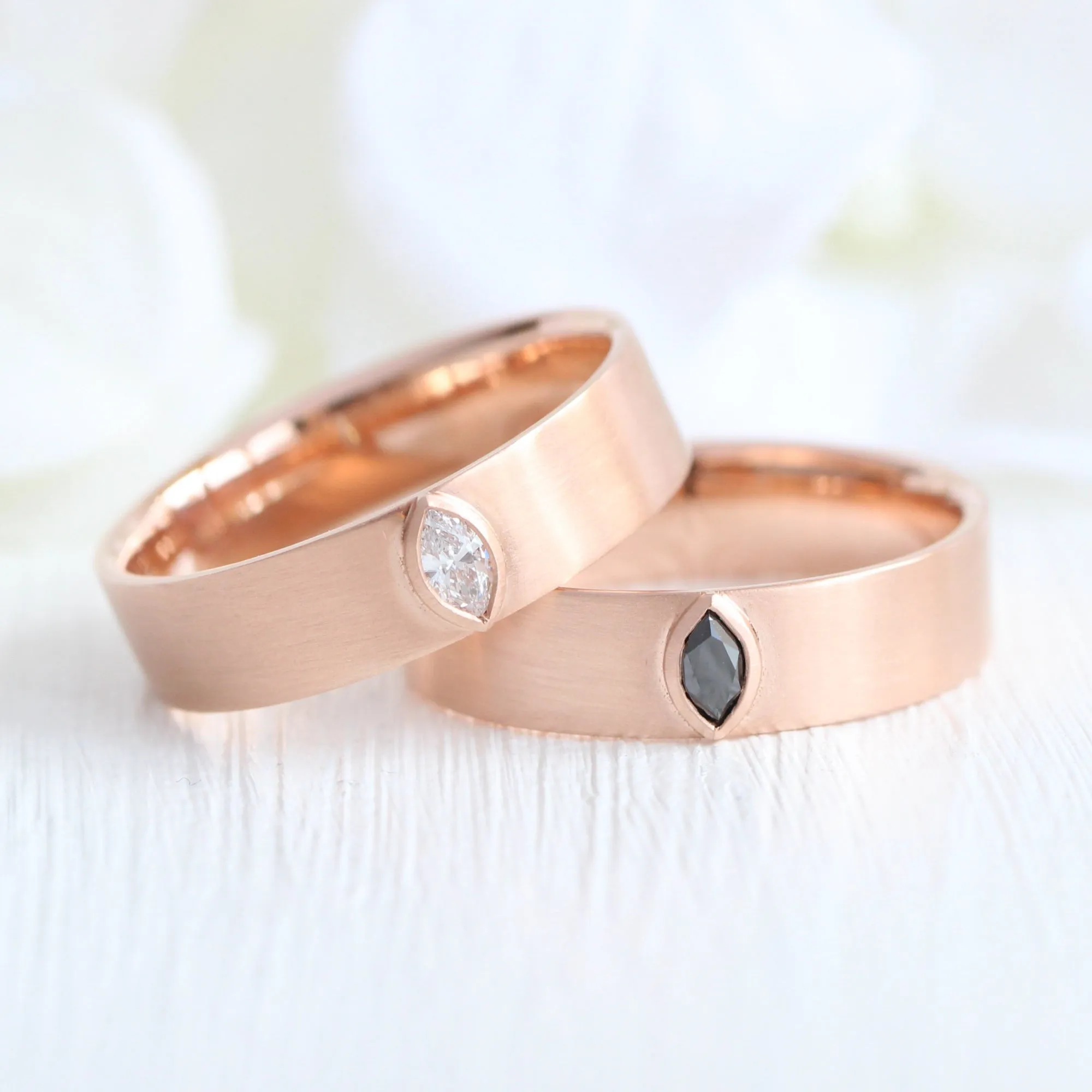 Bezel Set Marquise Diamond Ring in Solid Gold Wide Wedding Band