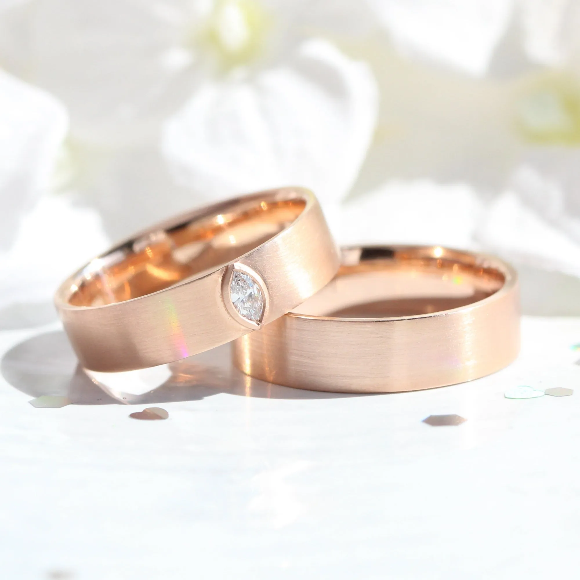 Bezel Set Marquise Diamond Ring in Solid Gold Wide Wedding Band