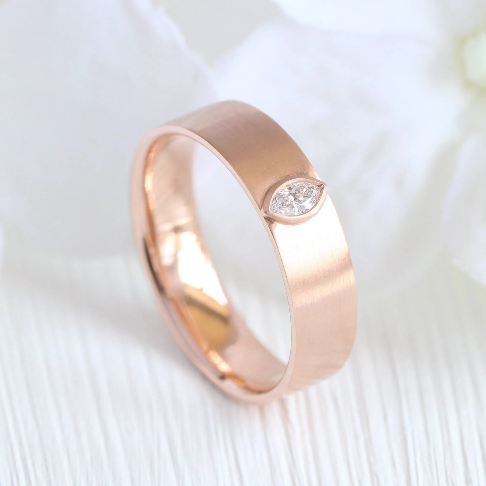 Bezel Set Marquise Diamond Ring in Solid Gold Wide Wedding Band