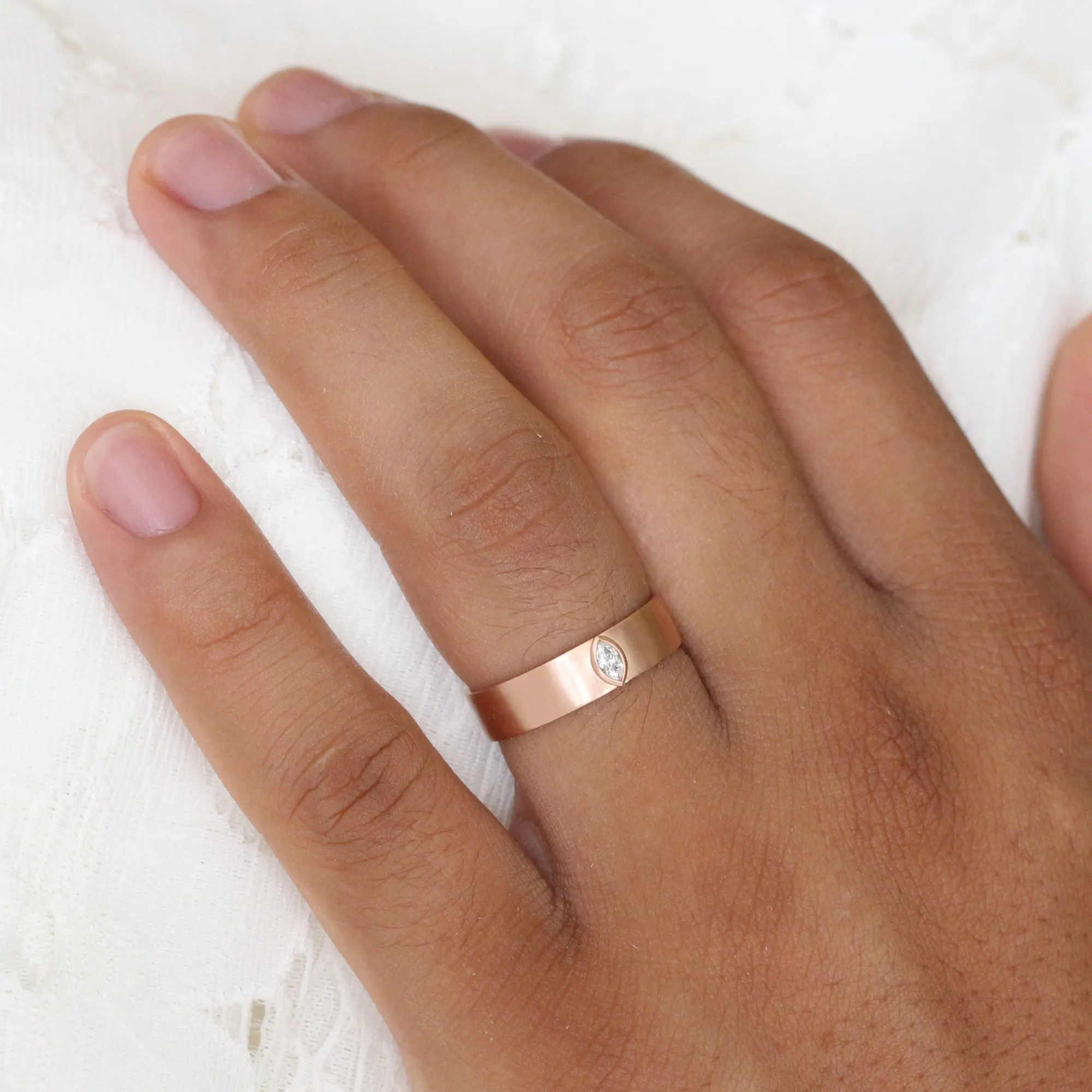 Bezel Set Marquise Diamond Ring in Solid Gold Wide Wedding Band