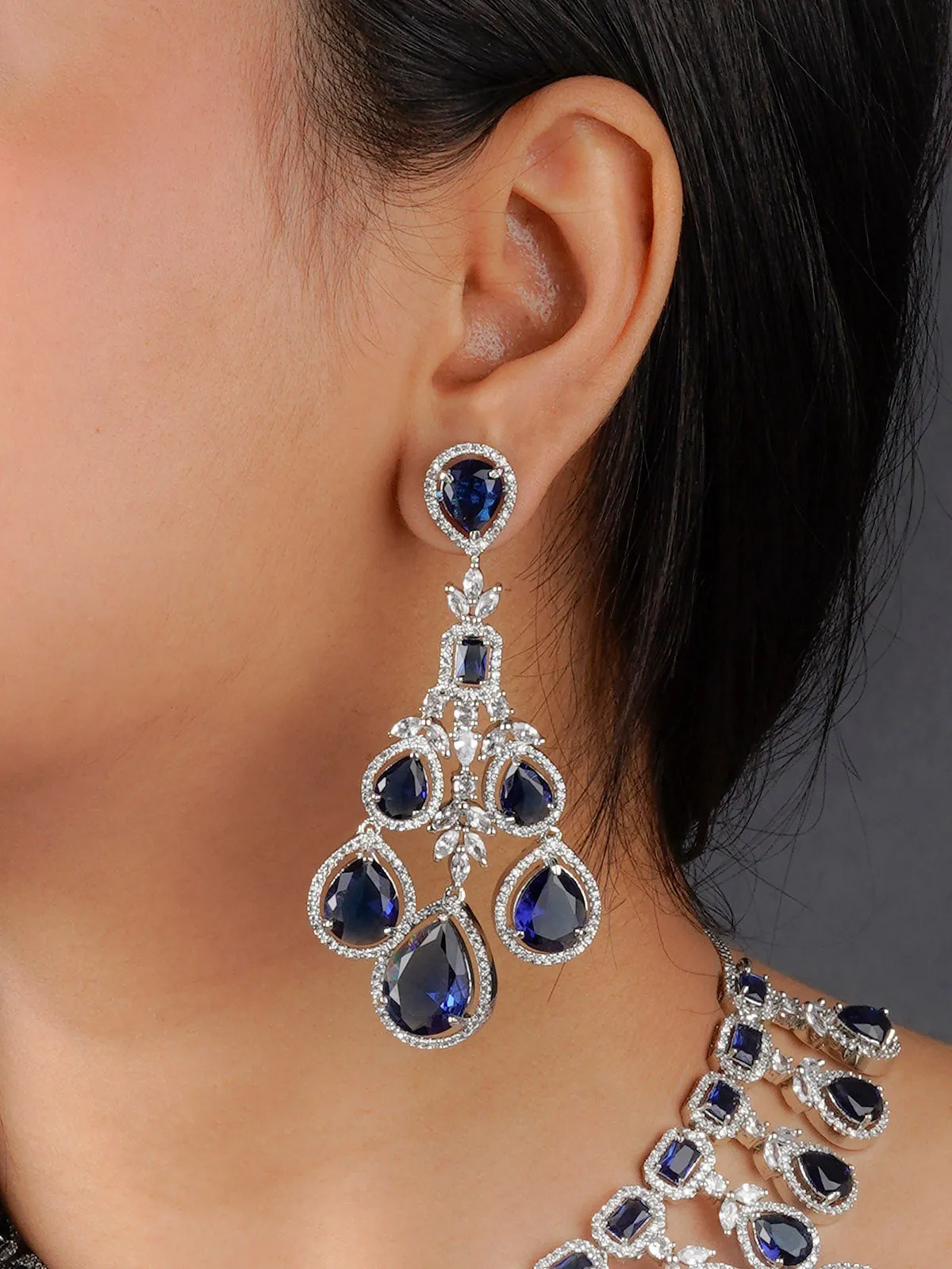 Blue Color Silver Plated Faux Diamond Necklace Set - CZSET321BL