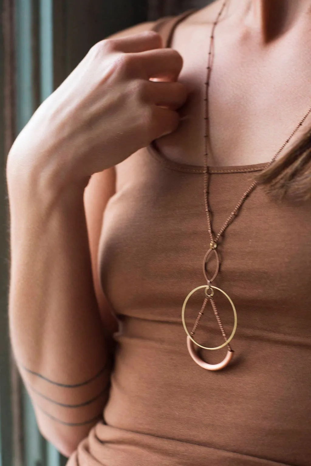 Copper Necklace - Geometric Necklace - Circle Necklace - Gifts For Girlfriend - Pendant Necklace - Long Necklace - Copper Jewelry - Drop