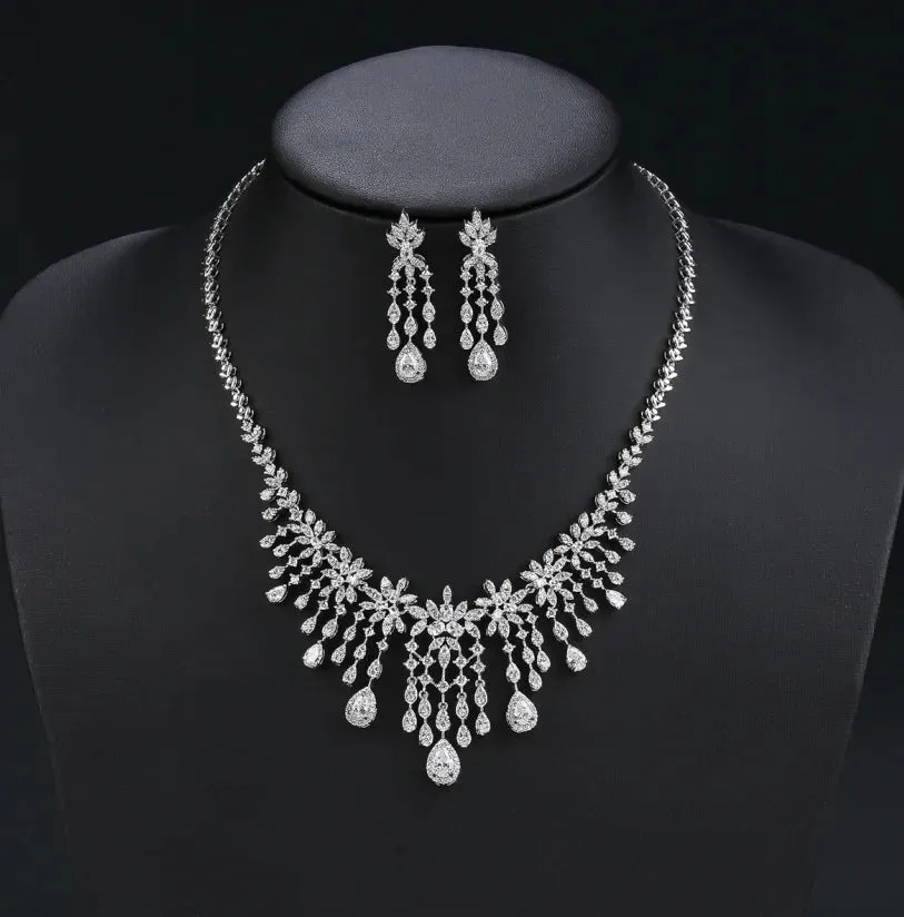 Cubic Zirconia Droplet Flower Tassel Necklace Earrig 2pcs Set  Wedding Bridal Jewelry Sets For Women Party Accessorie CN11191