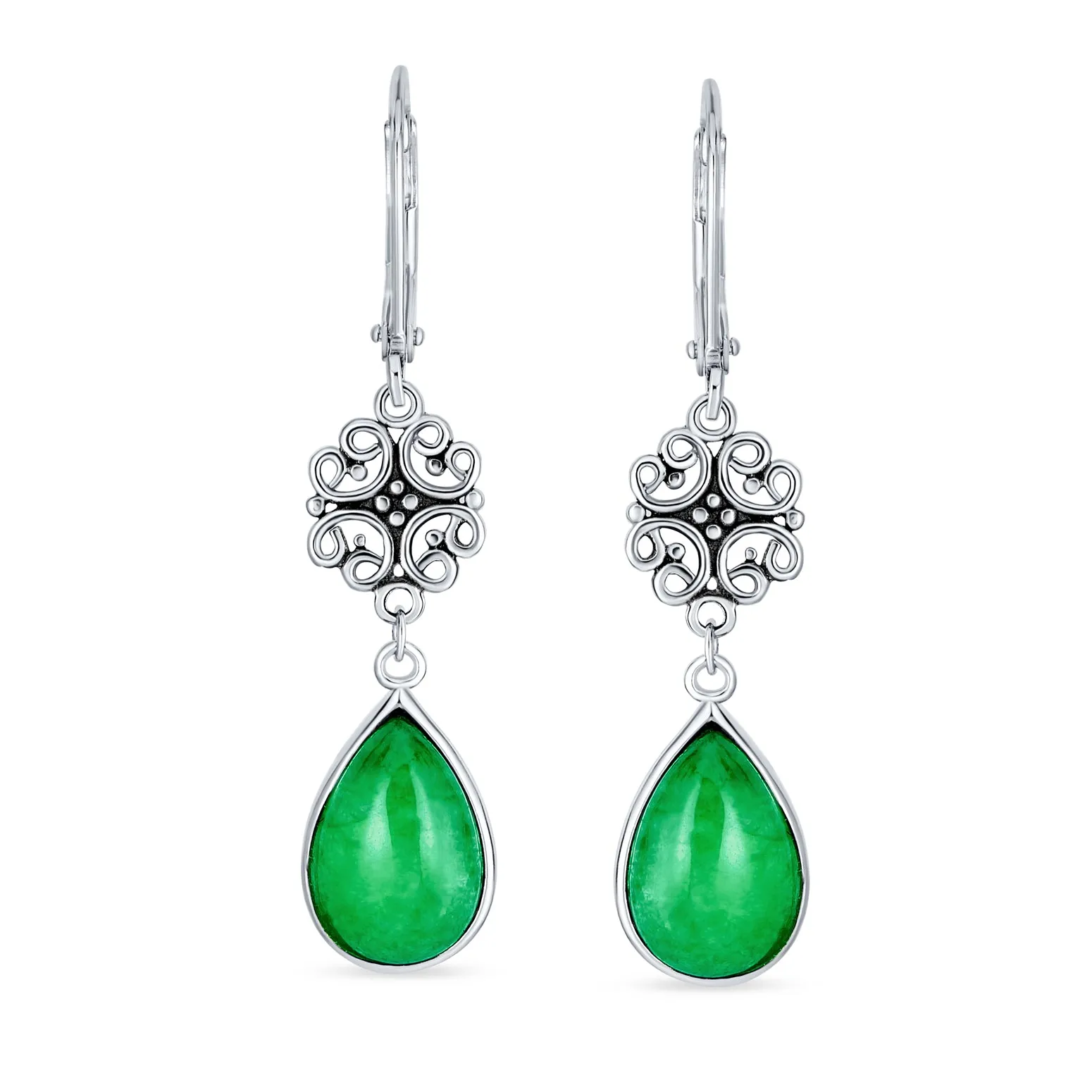 Dyed Green Jade Teardrop Dangle Gemstone Earrings in Sterling Silver