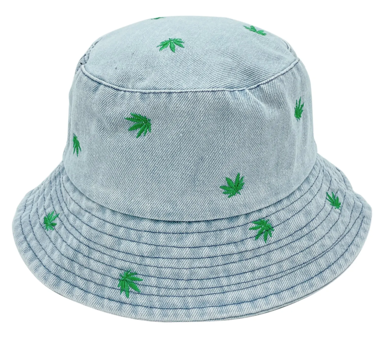 Embroidered Leaf Denim Bucket Hat