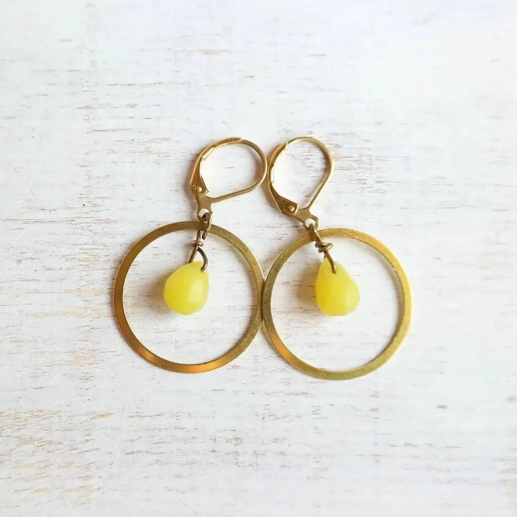 Gold Hoop Earrings with Yellow Jade