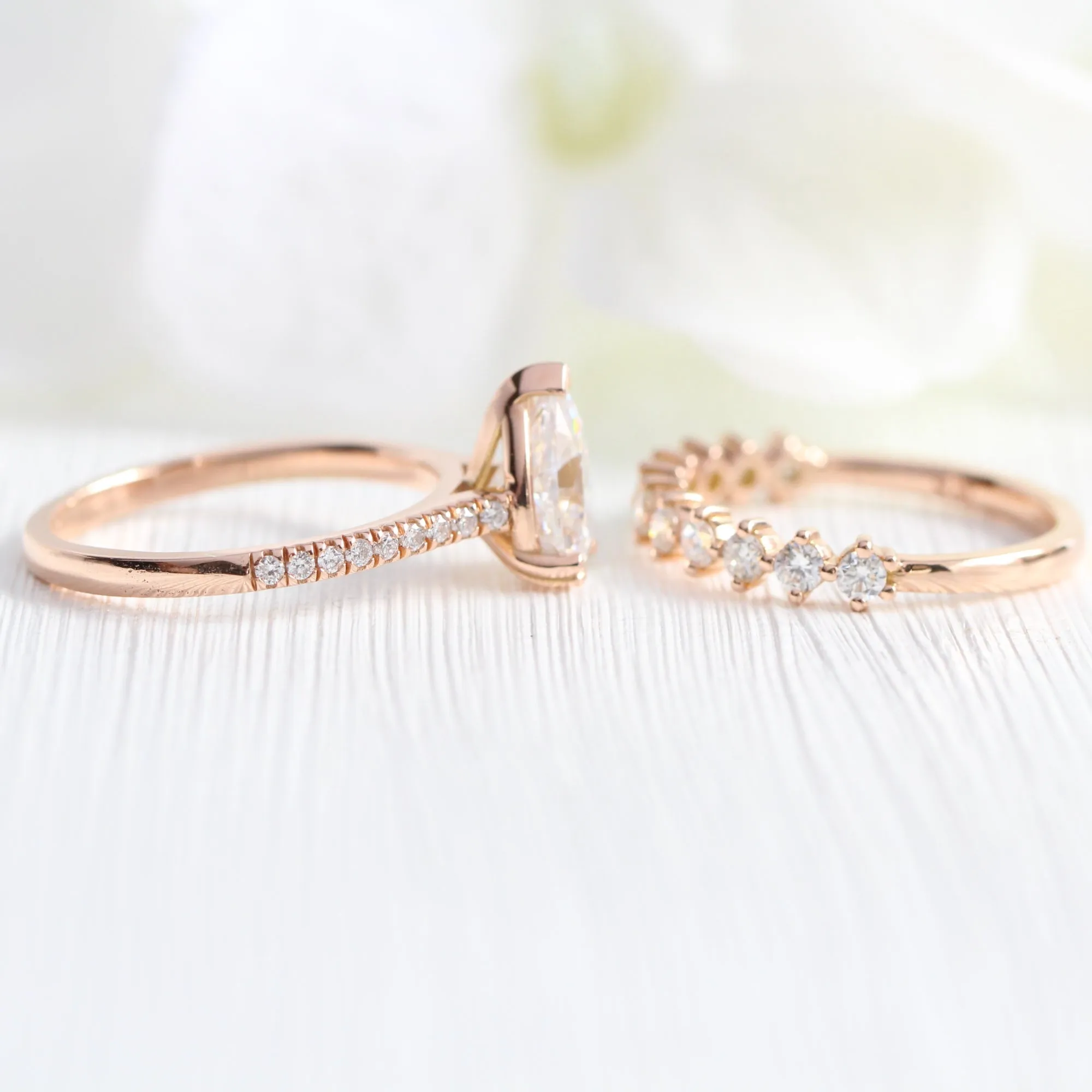 Grace Solitaire Pear Pave Ring Bridal Set w/ Moissanite and 4 Prong Diamond Band