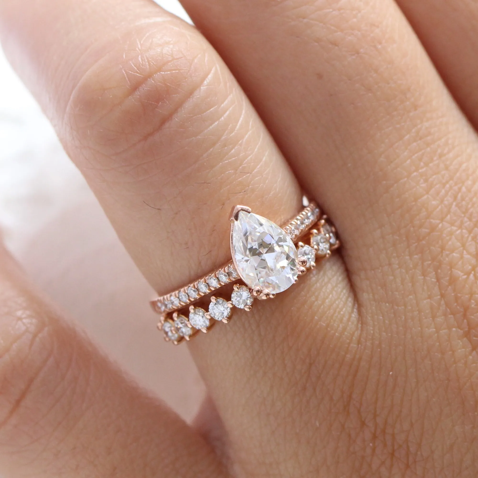 Grace Solitaire Pear Pave Ring Bridal Set w/ Moissanite and 4 Prong Diamond Band