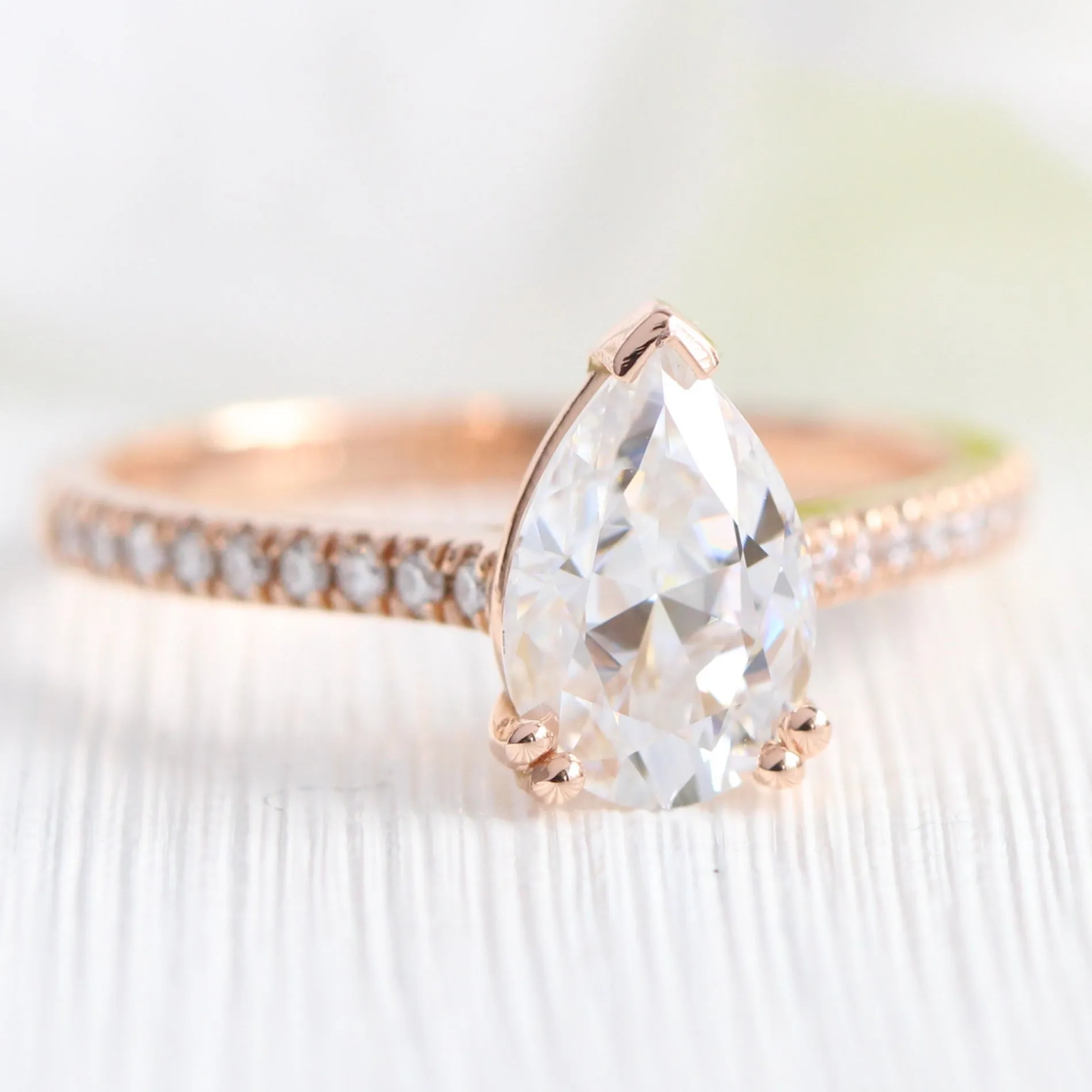 Grace Solitaire Pear Pave Ring Bridal Set w/ Moissanite and 4 Prong Diamond Band