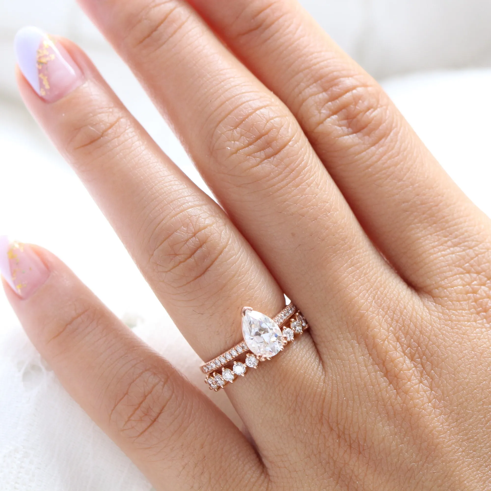 Grace Solitaire Pear Pave Ring Bridal Set w/ Moissanite and 4 Prong Diamond Band