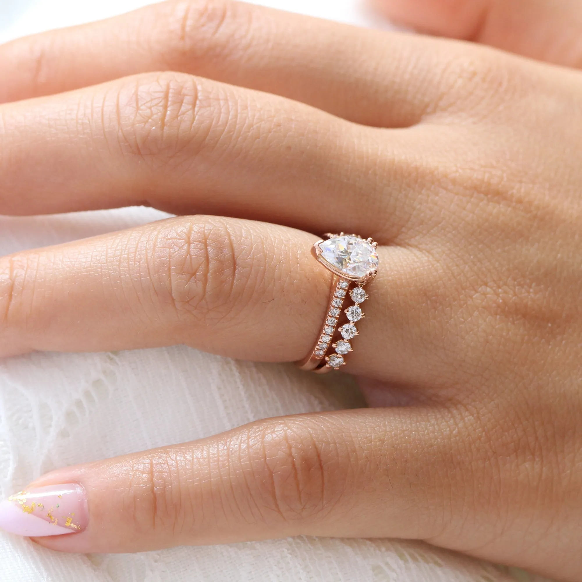 Grace Solitaire Pear Pave Ring Bridal Set w/ Moissanite and 4 Prong Diamond Band