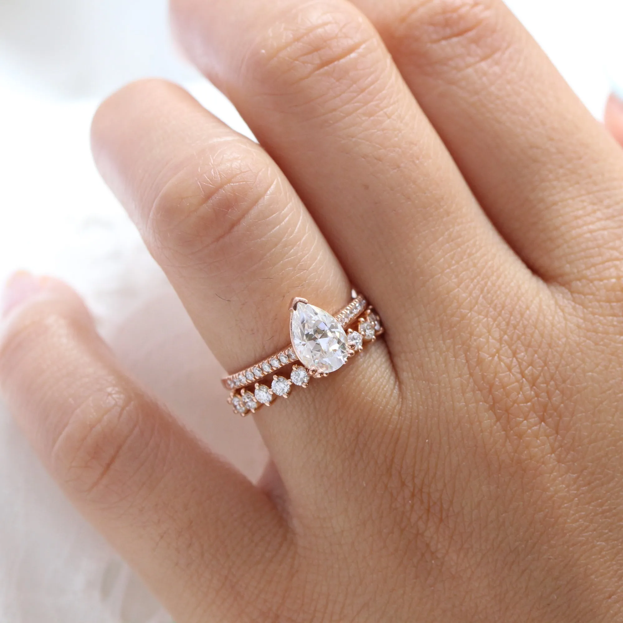 Grace Solitaire Pear Pave Ring Bridal Set w/ Moissanite and 4 Prong Diamond Band