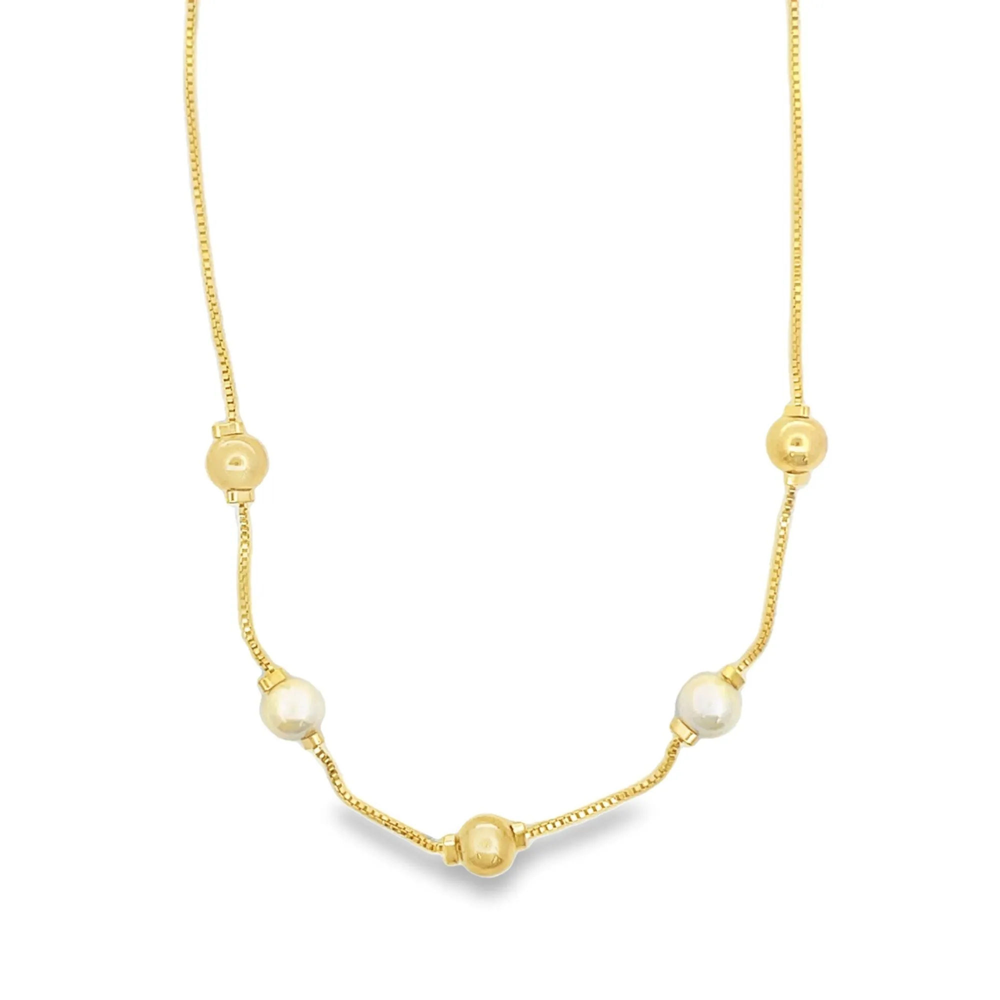 Pearl & Gold Bead Box Chain Necklace (F246)
