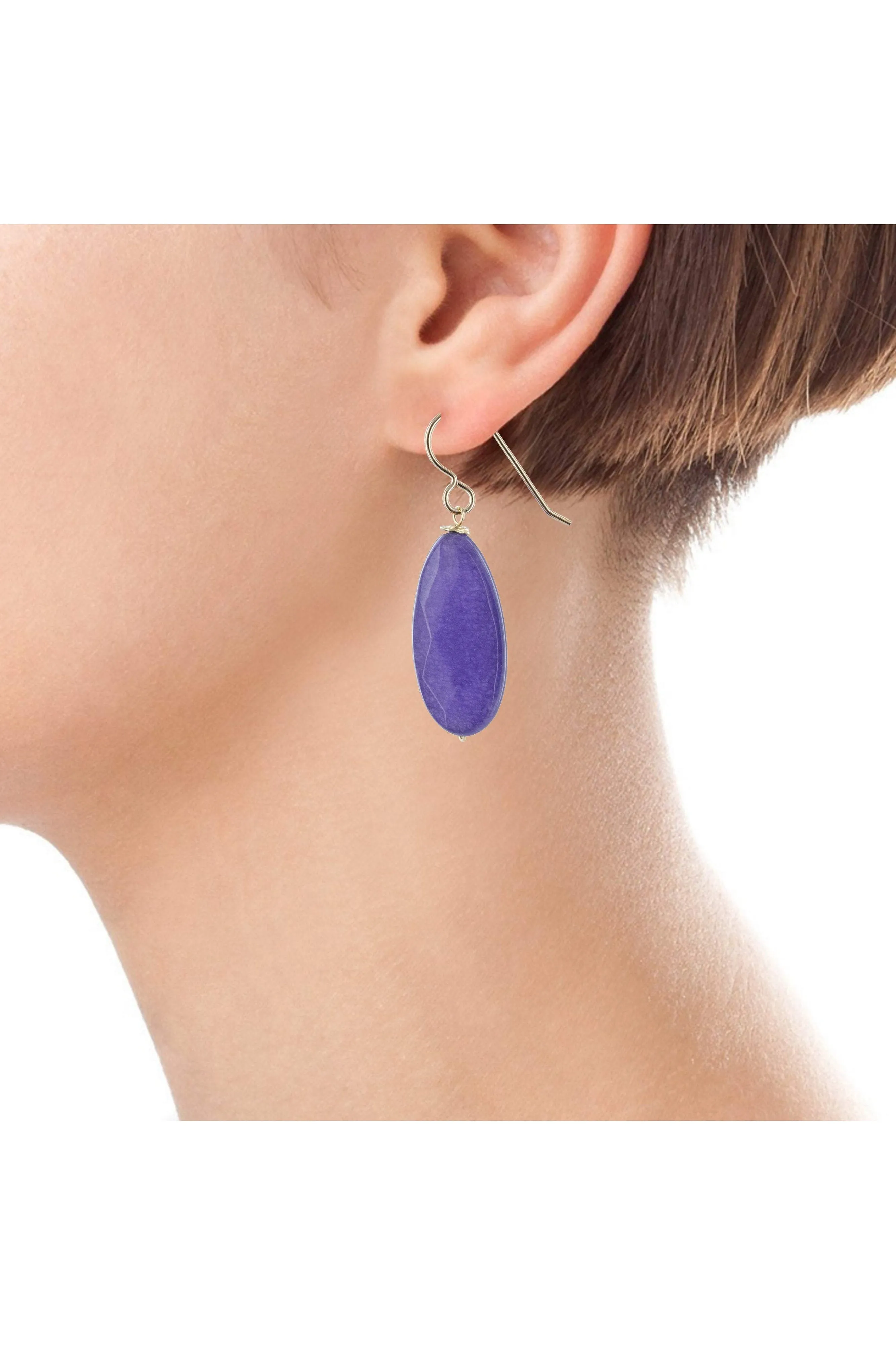 Purple Jade Quartz Dangle Gold Earrings