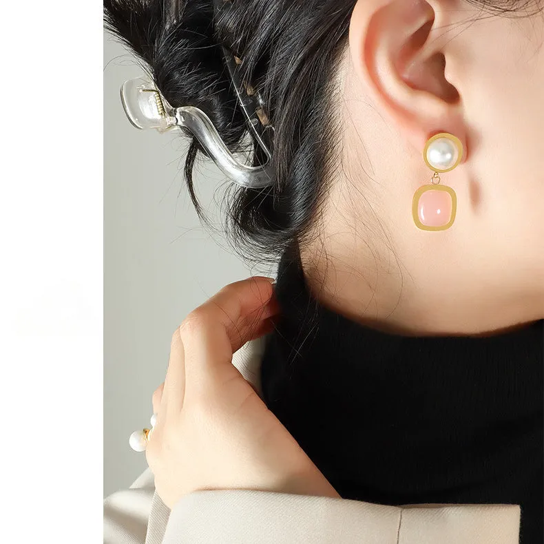 Square Pink Jade Pearl Earrings