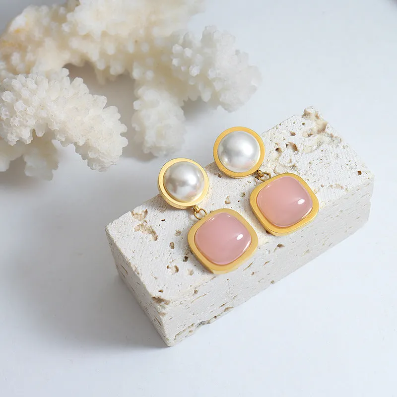 Square Pink Jade Pearl Earrings