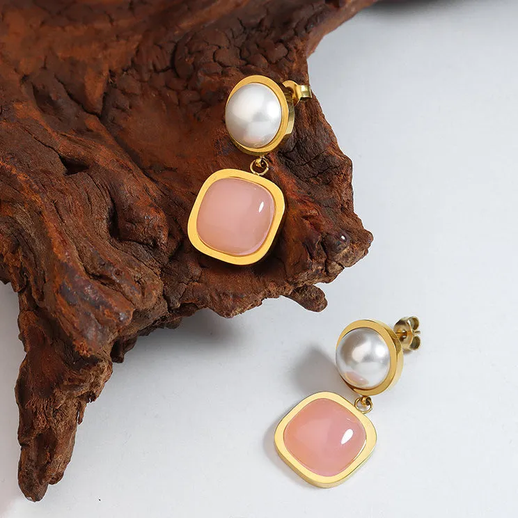 Square Pink Jade Pearl Earrings