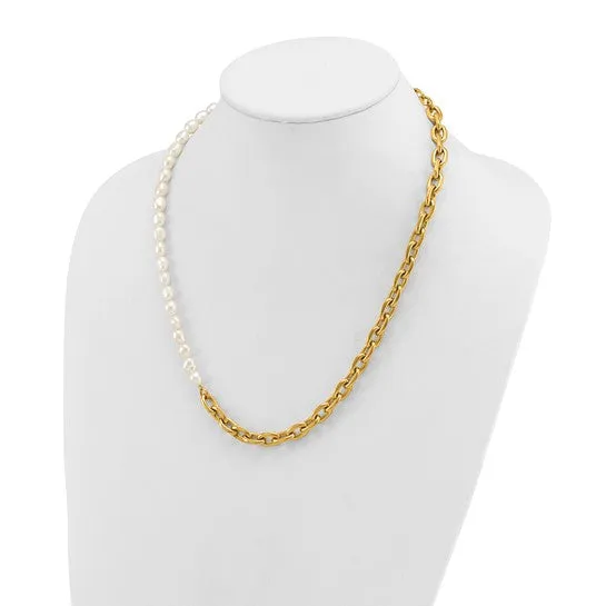 Stainless Steel Open Link and Half Baroque Pearl Necklace