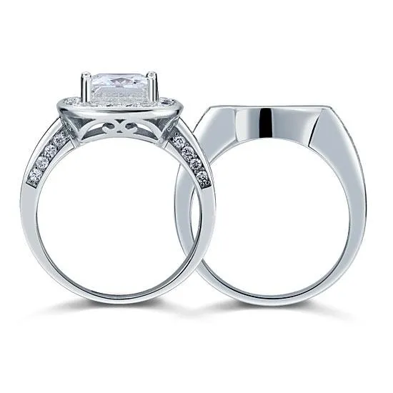 Vintage Style 2 Carat Simulated Diamond  Sterling 925 Silver 2-Pc Bridal Wedding Engagement Ring Set