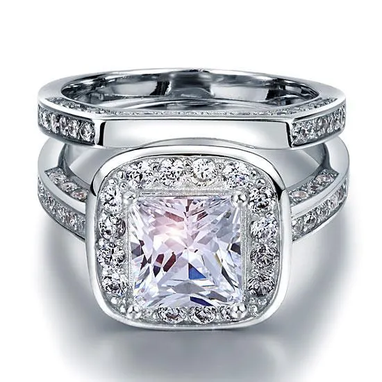 Vintage Style 2 Carat Simulated Diamond  Sterling 925 Silver 2-Pc Bridal Wedding Engagement Ring Set