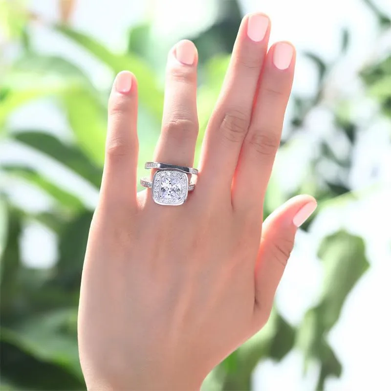 Vintage Style 2 Carat Simulated Diamond  Sterling 925 Silver 2-Pc Bridal Wedding Engagement Ring Set